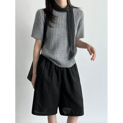 Cable Knit Short Sleeve Wool Round Neck T-Shirt for Women Slim Fit Top