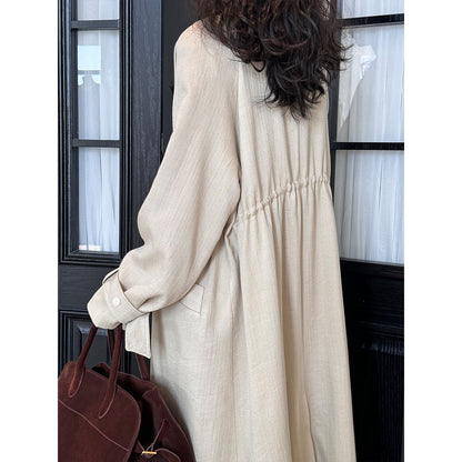 New Chinese Style Over-the-Knee Trench Coat for Women, Mid-Length, Drawstring Linen Cotton Outerwear