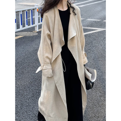 New Chinese Style Over-the-Knee Trench Coat for Women, Mid-Length, Drawstring Linen Cotton Outerwear