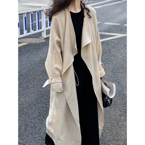New Chinese Style Over-the-Knee Trench Coat for Women, Mid-Length, Drawstring Linen Cotton Outerwear