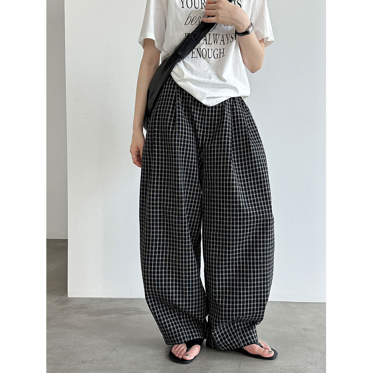 Retro Color-Blocked Checkered Balloon Pants for Women, High Waist Loose Casual Wide Leg Pants