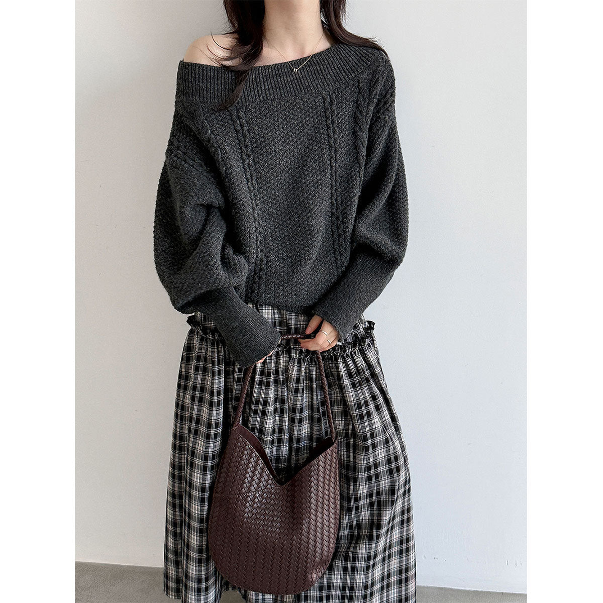 Lace-up Shoulder Cable Knit Loose Long Sleeve Sweater Women's One-Shoulder Wide Knit Top