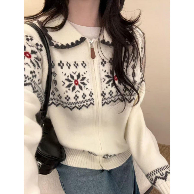 Fair Isle Vintage Jacquard Knit Cardigan Polo Neck Zipper Loose Sweater Coat Top