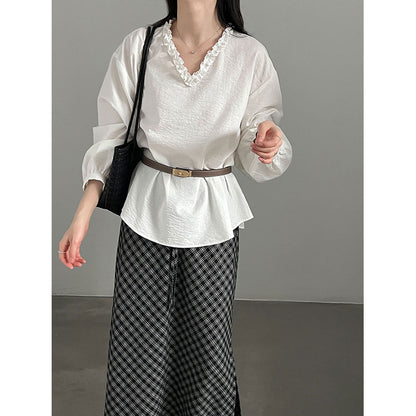 Lace Trim V-Neck Lantern Sleeve Blouse for Women Elegant Youthful Commute Top Shirt