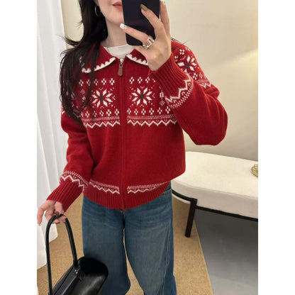 Fair Isle Vintage Jacquard Knit Cardigan Polo Neck Zipper Loose Sweater Coat Top