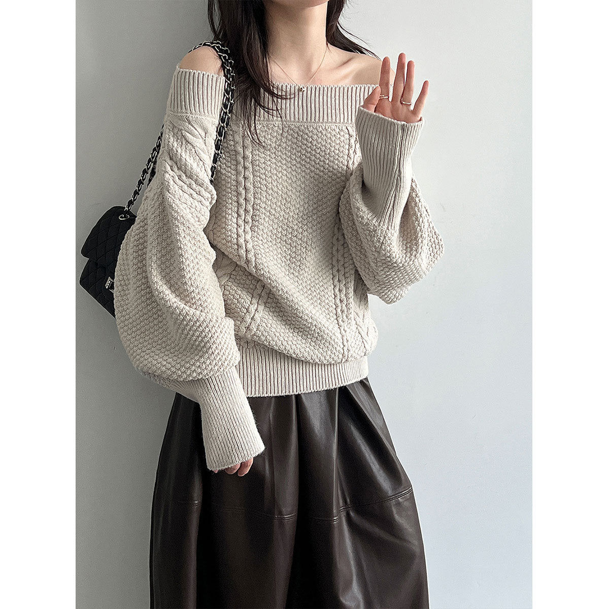 Lace-up Shoulder Cable Knit Loose Long Sleeve Sweater Women's One-Shoulder Wide Knit Top