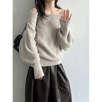 Lace-up Shoulder Cable Knit Loose Long Sleeve Sweater Women's One-Shoulder Wide Knit Top