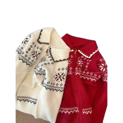 Fair Isle Vintage Jacquard Knit Cardigan Polo Neck Zipper Loose Sweater Coat Top