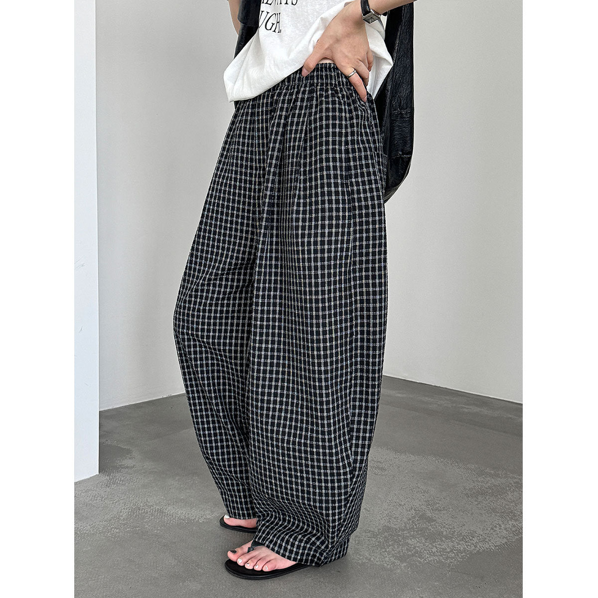 Retro Color-Blocked Checkered Balloon Pants for Women, High Waist Loose Casual Wide Leg Pants