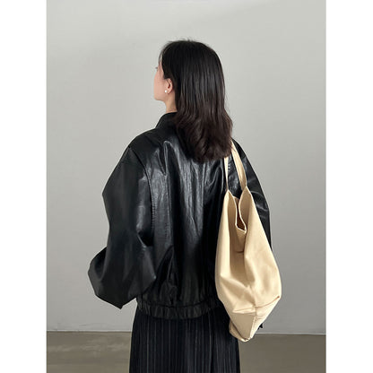 Retro PU Stand Collar Short Jacket for Women Motorcycle Trendy, Versatile Leather Coat