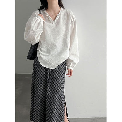 Lace Trim V-Neck Lantern Sleeve Blouse for Women Elegant Youthful Commute Top Shirt
