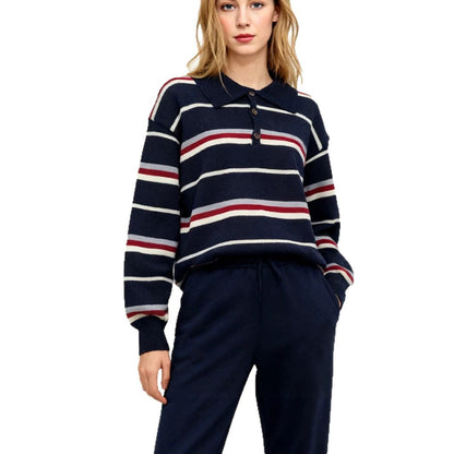 Striped contrasting long sleeved sweater for women in autumn and winter