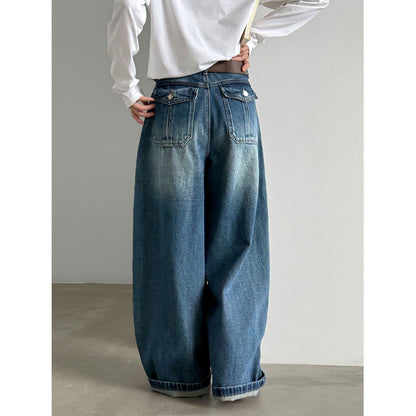 Cotton Vintage High-Waisted Wide-Leg Jeans for Women, Autumn Washed Gradient Straight Leg Long Pants