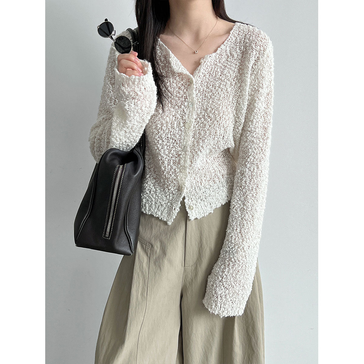 Deer West Circle Knit Wool Cardigan for Women Autumn New Hollow-Out Slimming Top