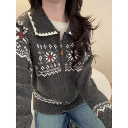 Fair Isle Vintage Jacquard Knit Cardigan Polo Neck Zipper Loose Sweater Coat Top
